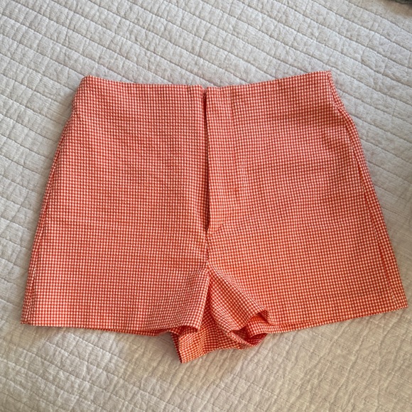 Zara Red-Orange Gingham Shorts - Picture 1 of 4